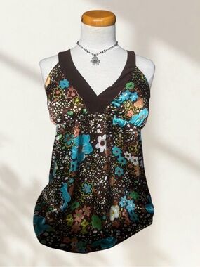 Floral Brown Satin V-Neck Camisole with Teal & Multicolor Print